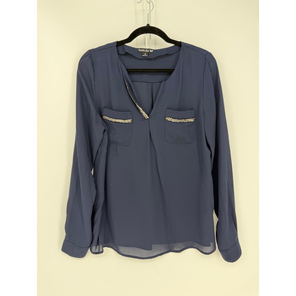 Double Zero Blouse Womens M Navy Blue Beaded V-Neck Long Sleeve Career Classic